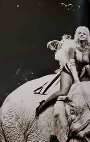 Marilyn Monroe, Riding Barnum and Bailey elephant, 1955