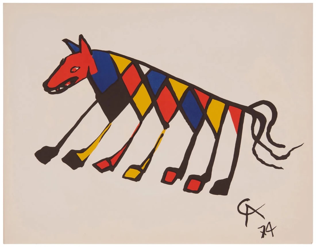 Alexander Calder, 'Beastie' from Flying Colors suite 1974-1975: Artist: Alexander Calder (1898-1976) Title: "Beastie" (from the Braniff International Airways Flying Colors Collection) Year: 1974-75 Medium: Lithographs on Arches paper Size: 20 x 26 inches Condition