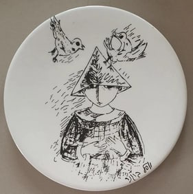 Yosl Bergner, Girl with a branch, oil on porcelain