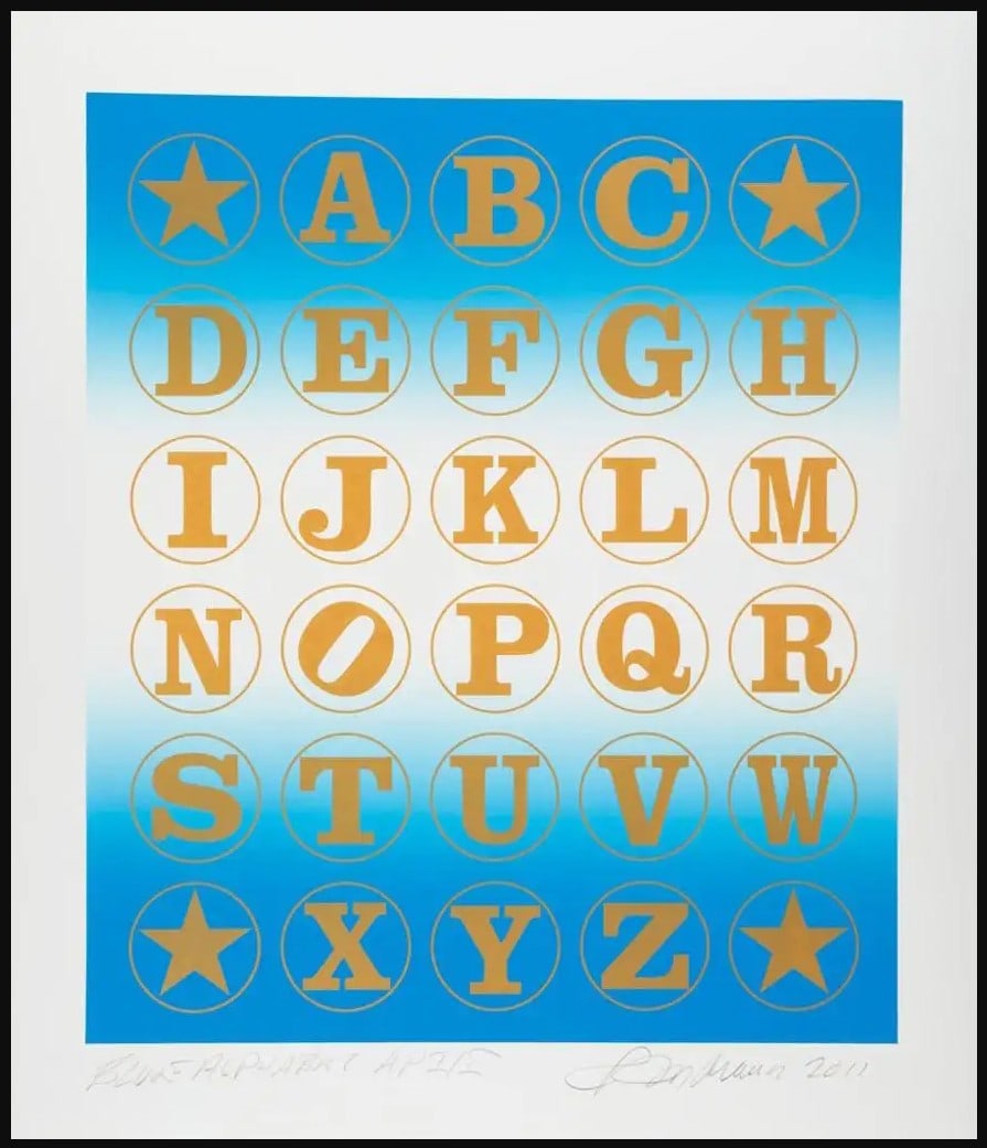 Robert Indiana, 'Blue & Gold Alphabet', Artist Proof Screen Print, 2011: Artist: Robert Indiana (1928 - 2018, American) Title: Blue Alphabet Edition: Edition: AP 1/5 Year: 2011 Signed: Yes Annotated and numbered in pencil by Robert Indiana on the recto (front) PROVENANCE: