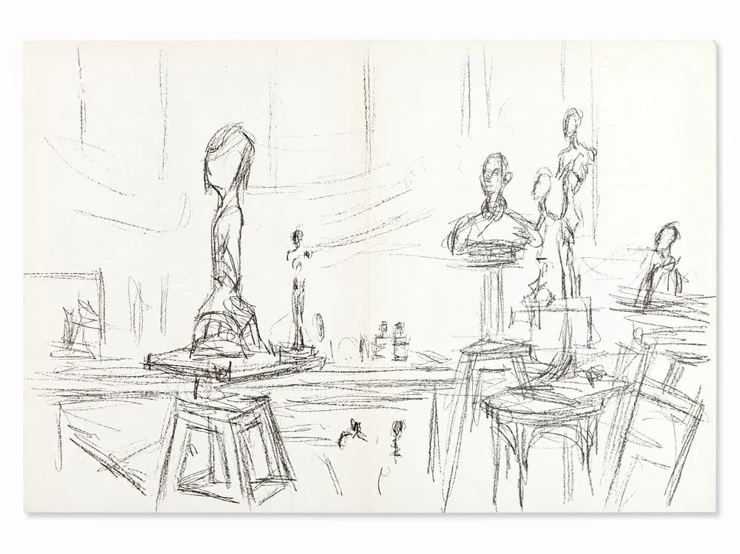 Alberto Giacometti 'The Studio' original lithograph, 1961: Artist: Alberto GiacomettiTitle: 'The Studio'Year: 1961Medium: Original Lithograph on vélin paperDimensions: 15in. by 22in.Edition: From the rare limited editionReference : Lust, 148-161Published by