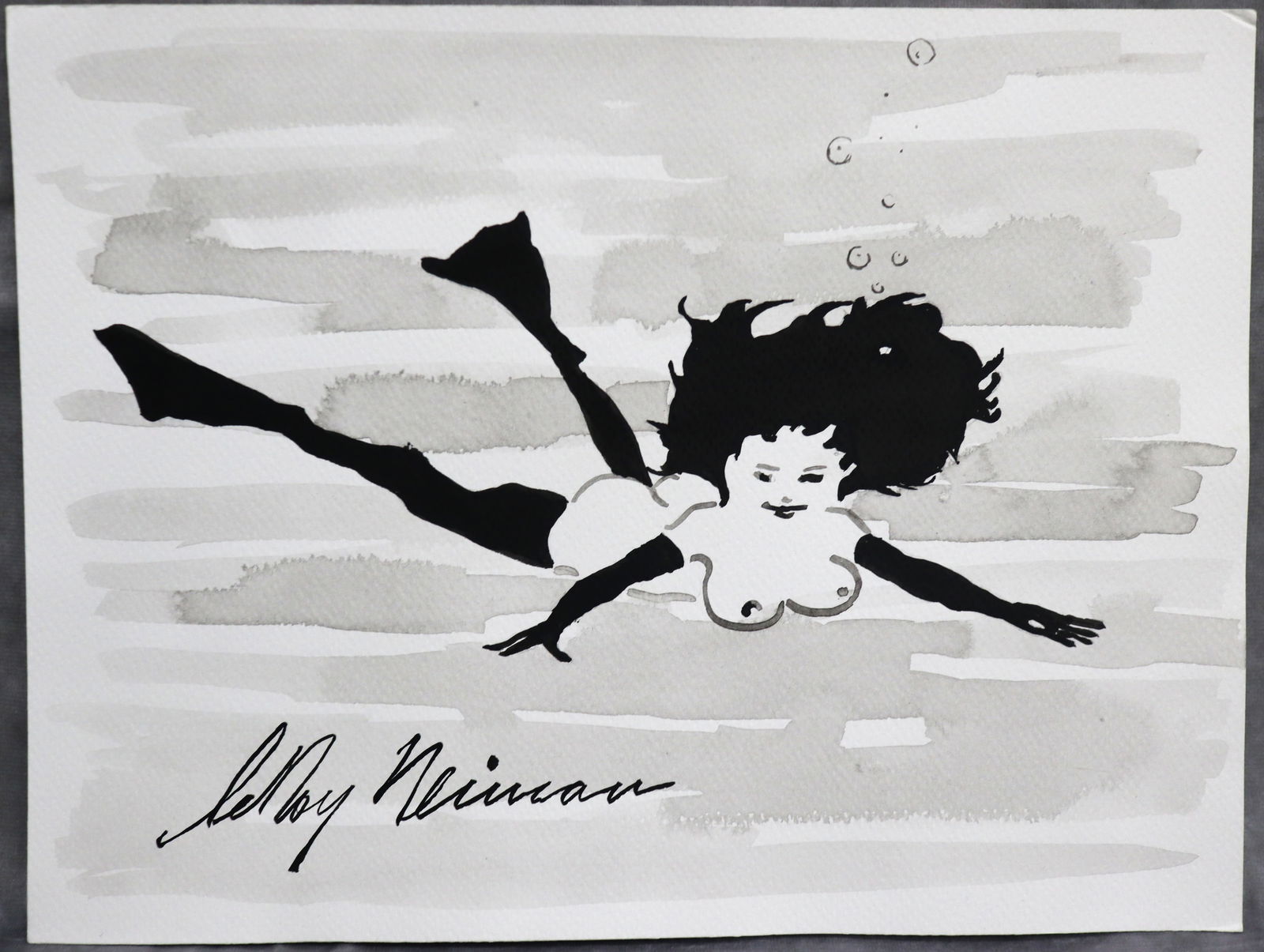 Playboy | LeRoy Neiman Femlin Swims, Original Drawing: Artist: LeRoy Neiman (1921-2012) Title: Playboy Femlin - Surface: Paper Type: Drawing / Sketch Size: Medium: Watercolor / Ink Origin: USA Year: Circa 1990's to early 2000's Edition: Original Artist Bi