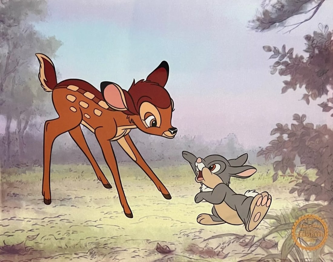 Disney, 'Bambi & Thumper', Limited Edition Animation Cel: Limited edition Serigraph Cel of Bambi and Thumper. From 1942 Walt Disney Studios - Bambi. Disney’s own artists have selected this scene from the original animation drawings used to produce this cla