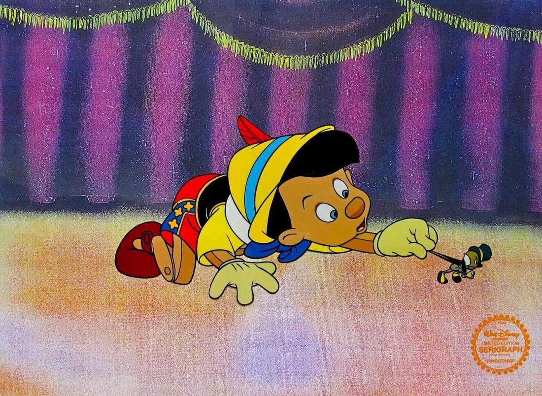 Disney, Pinocchio Jiminy Cricket Limited Edition Sericel: This is a GENUINE Limited Edition Serigraph Cel of Pinocchio & Jiminy Cricket. From 1942 Walt Disney'studios -PINOCCHIO Disney?€?s own artists have selected this scene from the ORIGINAL animation