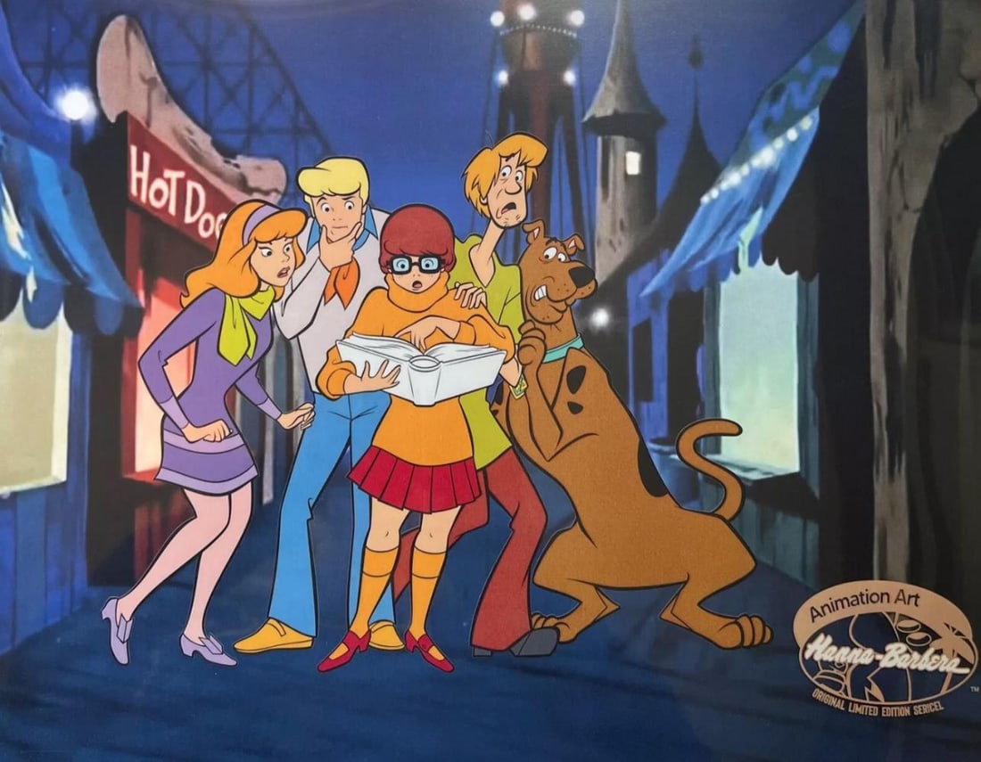 Hanna-Barbera, 'Scooby Doo with Daphne, Fred, Shaggy & Velma', Limited Edition Sericel: Limited edition sericel titled "Foul Play in Funland" from the classic cartoon series Scooby-Doo. This fantastic artistic recreation animation features Scooby-Doo, Fred Jones, Daphne Blake, Velma Dink