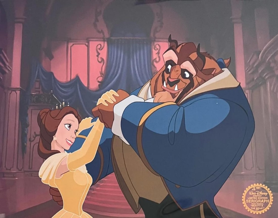Disney, Beauty & The Beast - Belle & Beast, Limited Edition Sericel: Limited edition Serigraph Cel of Beauty and the Beast. From 1991 Walt Disney Studios - Beauty and the Beast. Disney’s own artists have selected this scene from the original animation drawings used t