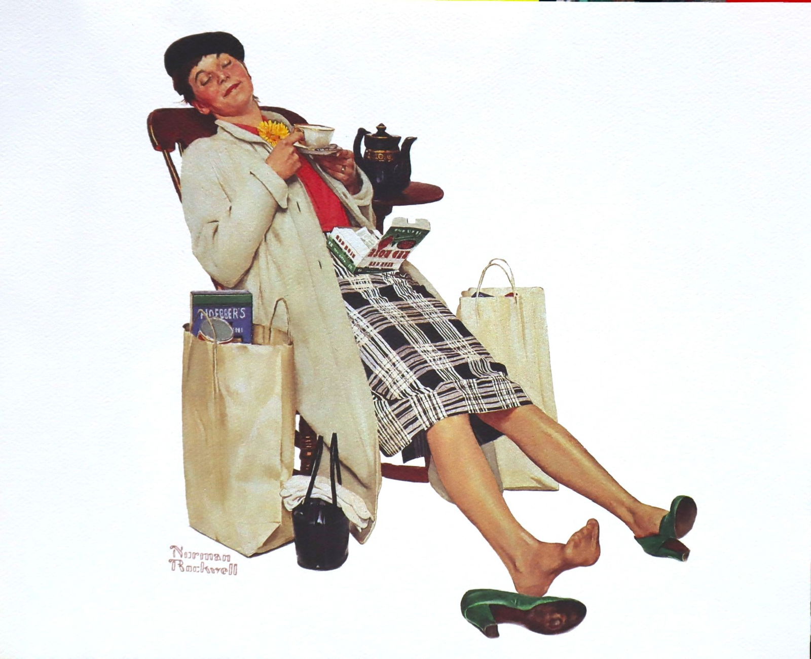 Norman Rockwell, Woman Relaxing with Tea, Lithograph: Artist: Norman Rockwell (1894-1978) Dimensions: 11"x8.5" Type: Fine Art Print Surface: Paper Year: C.1980s Artist Bio: Norman Rockwell (1894-1978) was an iconic American painter and illustrator famous