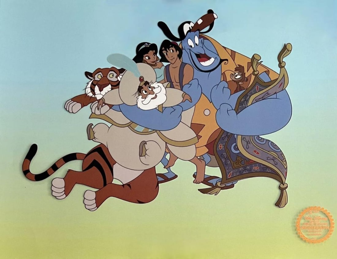 Disney, Aladdin, Jasmine, Genie & Abu - gradient background, Limited Edition Sericel: Limited edition sericel of Aladdin. Characters pictured include Aladdin, Jasmine, The Sultan, Genie, Abu, Magic Carpet, and Rajah. From 1992 Walt Disney Studios - Aladdin. Disney’s own artists have