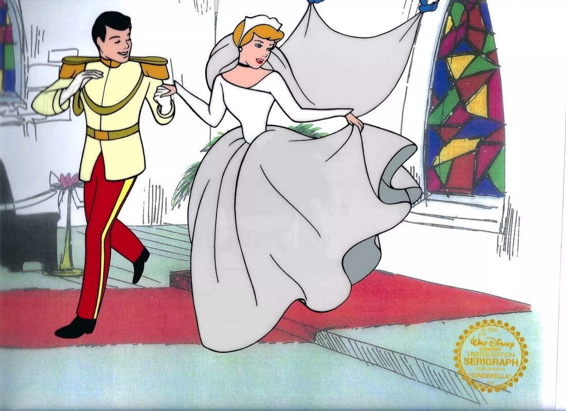Disney, Cinderella & Prince Wedding, Limited Edition Animation Cel: This is a GENUINE Disney Limited Edition Serigraph Cel of the Wedding of CINDERELLA and the PRINCE . From 1950 Walt Disney Studios. Disney’s own artists have selected this scene from the original an