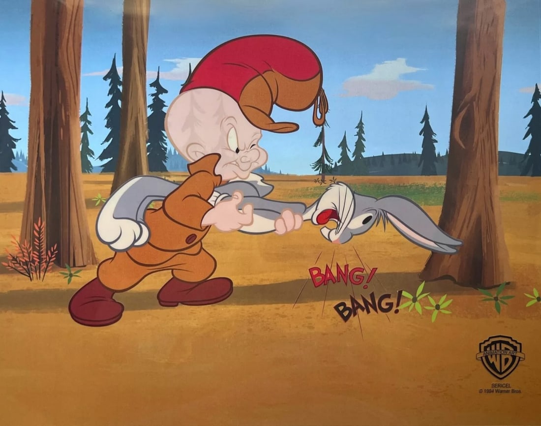 Warner Bros, Looney Tunes, Bugs Bunny & Elmer Fudd - Hunting Gone Wrong, Limited Edition Animation: Limited edition artistic recreation sericel of Bugs Bunny titled "Bang Bang". This fantastic animation features Bugs Bunny and Elmer Fudd as they appeared in the classic original animated cartoon . Th
