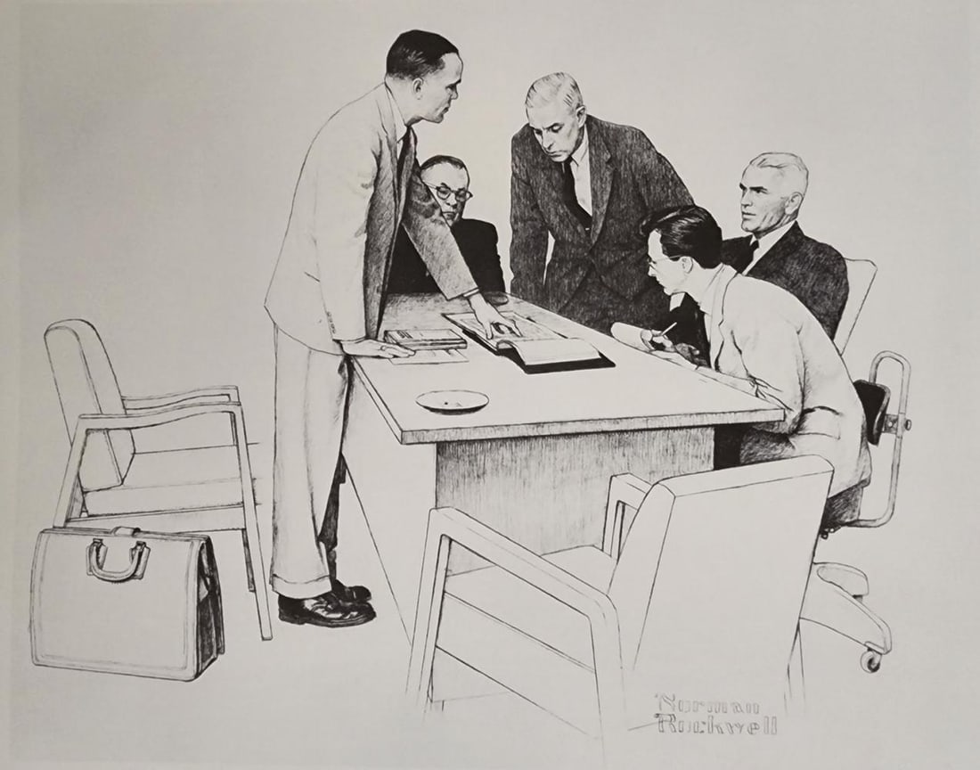Norman Rockwell, Business Meeting - C.1960S: Norman Rockwell "Business Meeting" from the "American Family Life" portfolio, Sketch Drawing 1950s for Massachusetts Mutual Company Media: offset lithograph on heavy cardstock paper Licensed print, Si