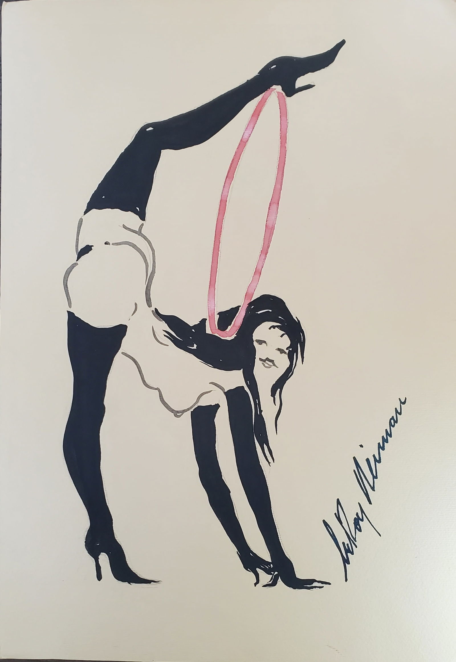 Playboy | LeRoy Neiman Femlin Stretching I, Original Drawing: Artist: LeRoy Neiman Title: Playboy Femlin Medium: Watercolor on Paper Subject: Playboy Magazine Femlin Condition: Very Good Size: 10 x 7 Condition: Very Good - Excellent