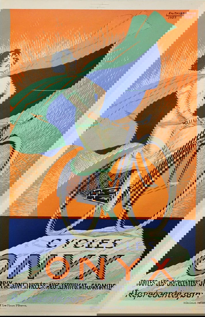 Cycles Onyx by Fritayre Original 1925 Vintage French Bicycle Company Stone Litho 1925: Cycles Onyx by Fritayre Original 1925 Vintage French Bicycle Company Stone Lithograph Poster Linen Backed. Woman in a blue and green cape on a bicycle on a mountain top with sunset behind her. Artist: