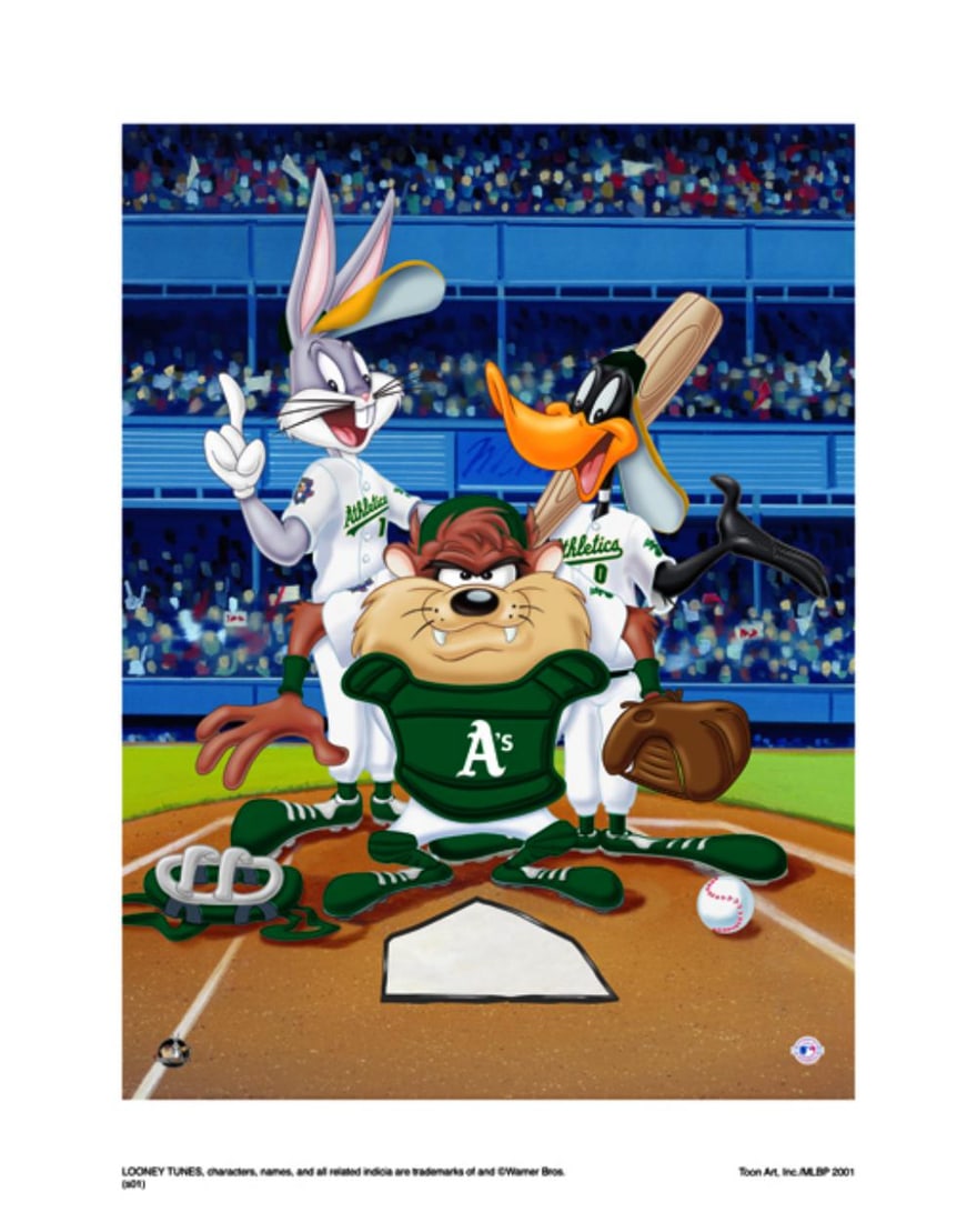 Warner Bros, Looney Tunes, Bugs, Daffy & Taz, "At The Plate, Oakland A'S": Title: At The Plate, Oakland A's Subject: Looney Tune's Squad Publisher: Classic Moments Type: Animation Giclee Paper: MT600 Year Produced: Circa 2000-2010 Size: 16" x 20" Condition: Excellent License