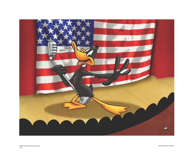 Warner Bros, Looney Tunes, Daffy Duck, "Patriotic On Stage": Title: Patriotic On Stage Subject: Daffy Duck Publisher: Classic Moments Type: Animation Giclee Paper: MT600 Year Produced: Circa 2000-2010 Size: 16" x 20" Condition: Excellent Licensed by Warner Bros