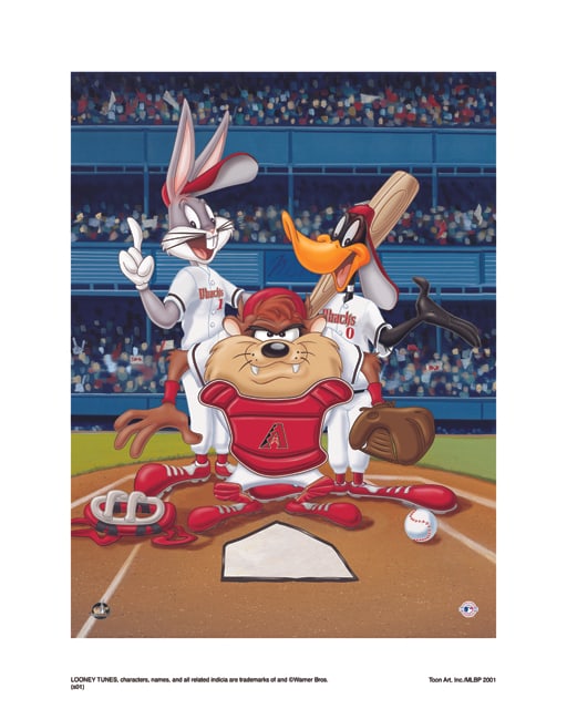 Warner Bros, Looney Tunes, Bugs, Daffy & Taz, "At The Plate, Arizona Diamondbacks": Title: At The Plate, Arizona Diamondbacks Subject: Looney Tune's Squad Publisher: Classic Moments Type: Animation Giclee Paper: MT600 Year Produced: Circa 2000-2010 Size: 16" x 20" Condition: Excellen