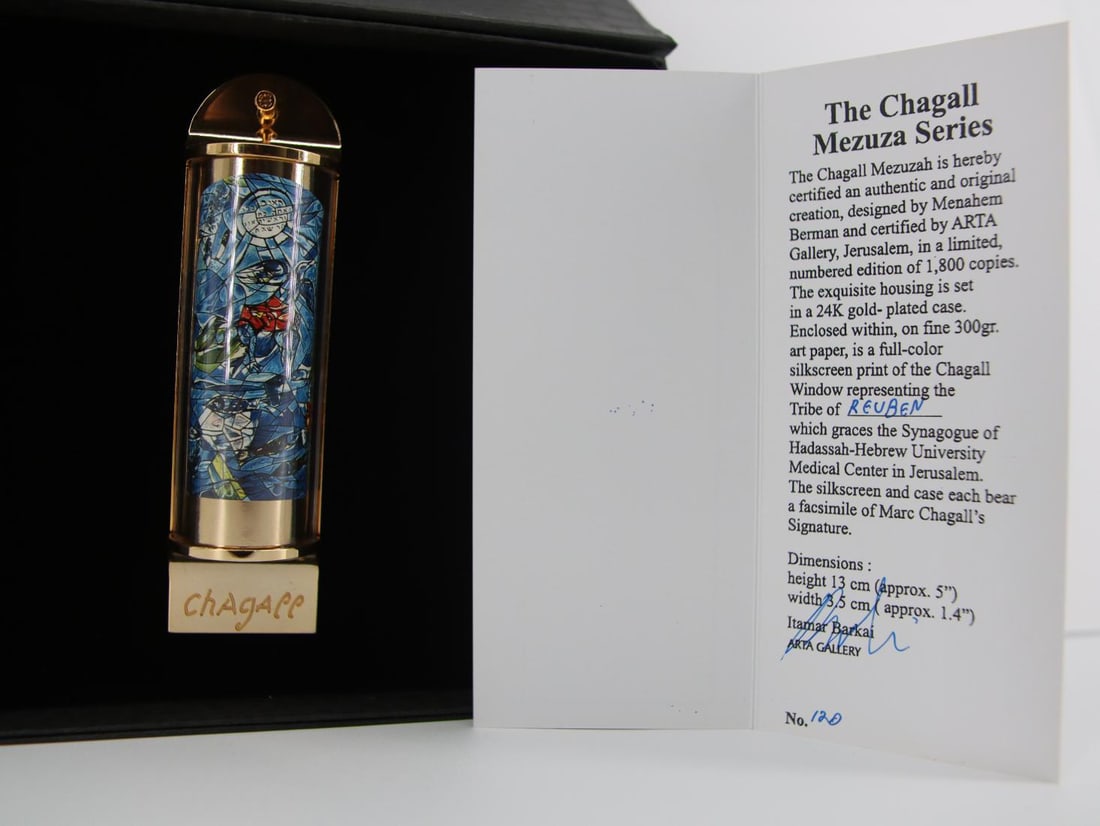 Marc Chagall, 'Reuben', 24K Gold Plated Limited Edition Mezuzah w/ Silkscreen: Artist: Marc ChagallTitle: Reuben (The Twelve Tribes Series)Medium: Full Color Silkscreen In 24K Gold Plated MezuzahSize: Approx 5" X 1.5" InchesEdition: Limited EditionSigned: Signed In Plate Include