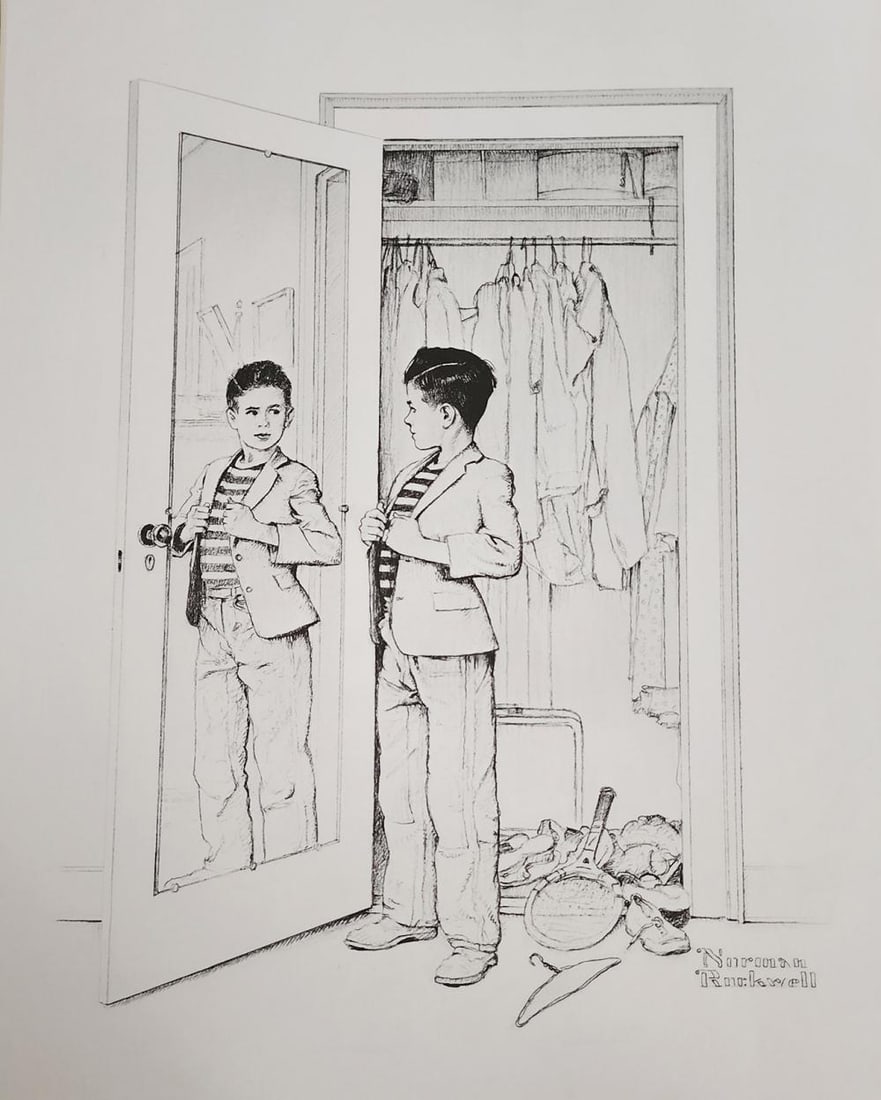 Norman Rockwell, 'Boy At Mirror', American Family Life Porfolio Lithograph, 1959: Norman Rockwell "Boy at Mirror" from the "American Family Life" portfolio, Sketch Drawing 1950s for Massachusetts Mutual Company Media: offset lithograph on heavy cardstock paper Licensed print, Signe