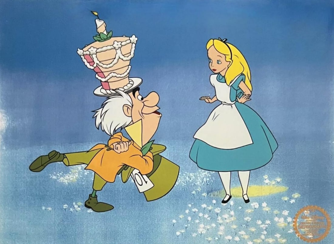 Disney, Alice In Wonderland Mad, Limited Edition Sericel: Limited edition Serigraph Cel of ALICE and the MAD HATTER from 1951 Walt Disney Studios - "ALICE IN WONDERLAND". This cel is from the scene "It's a Very Merry Un-Birthday to You". Disney’s own artis