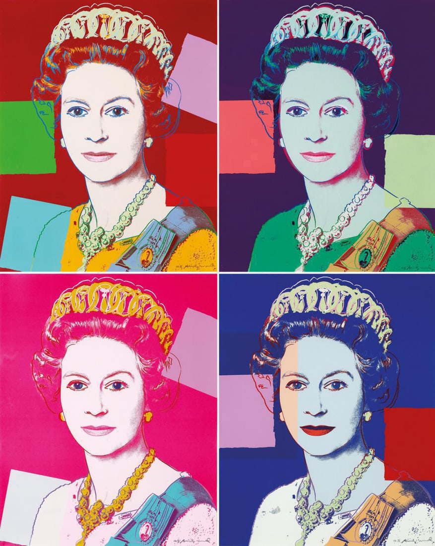 Andy Warhol, Reigning Queens, Queen Elizabeth, 4 Piece Portfolio, Limited Edition Serigraph, Sunday: Four Piece Portfolio Andy Warhol Sunday B. Morning Reigning Queens, QUEEN ELIZABETH Limited Edition of 3500 Serigraph, Printed on museum board Size: 30 1/4" x 38" (96.5 x 76.75 cm) each Stamped on the