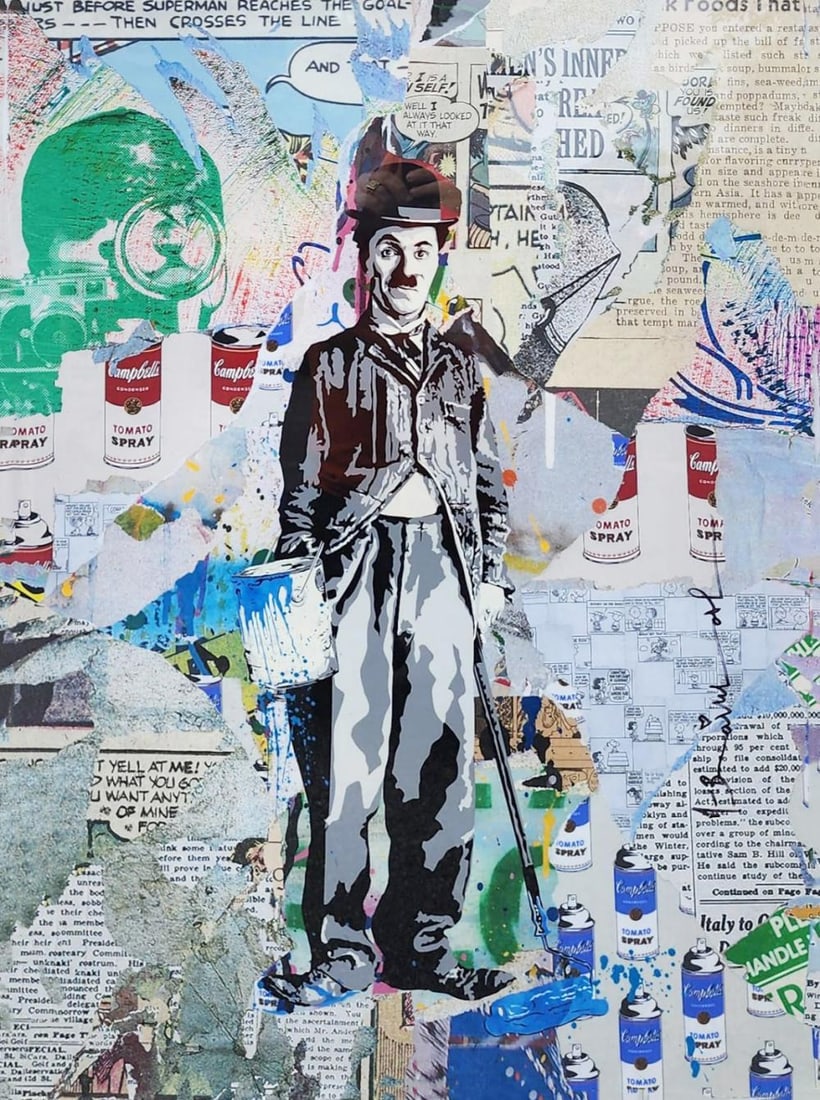 Mr. Brainwash, 'Chaplin, 2023' Original 1/1 Unique On Paper Framed, w/ Artist COA: Artist: Mr. Brainwash Title: "Chaplin" Edition: Unique 1/1 Mixed Media Original Hand-signed and numbered 1/1 (One of a kind Silkscreen and Mixed media variation) Verso dated 2023 with thumbprint and h