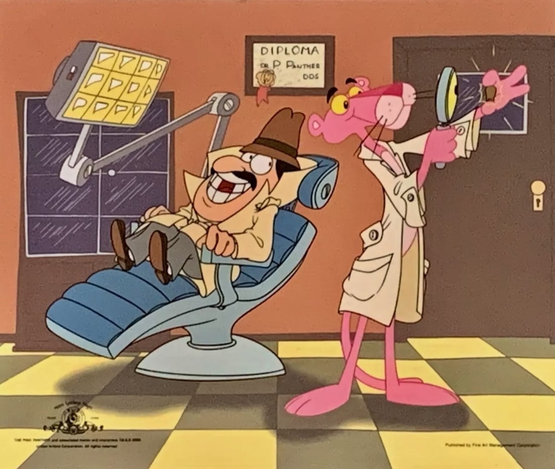 MGM, Pink Panther & Inspector Clouseau Dentist, Limited Edition Animation Cel: This is an exquisite Limited Edition Sericel titled "Dentist" featuring the Pink Panther and Inspector Clouseau. This serigraph cel was created from an actual image used in the original animated serie