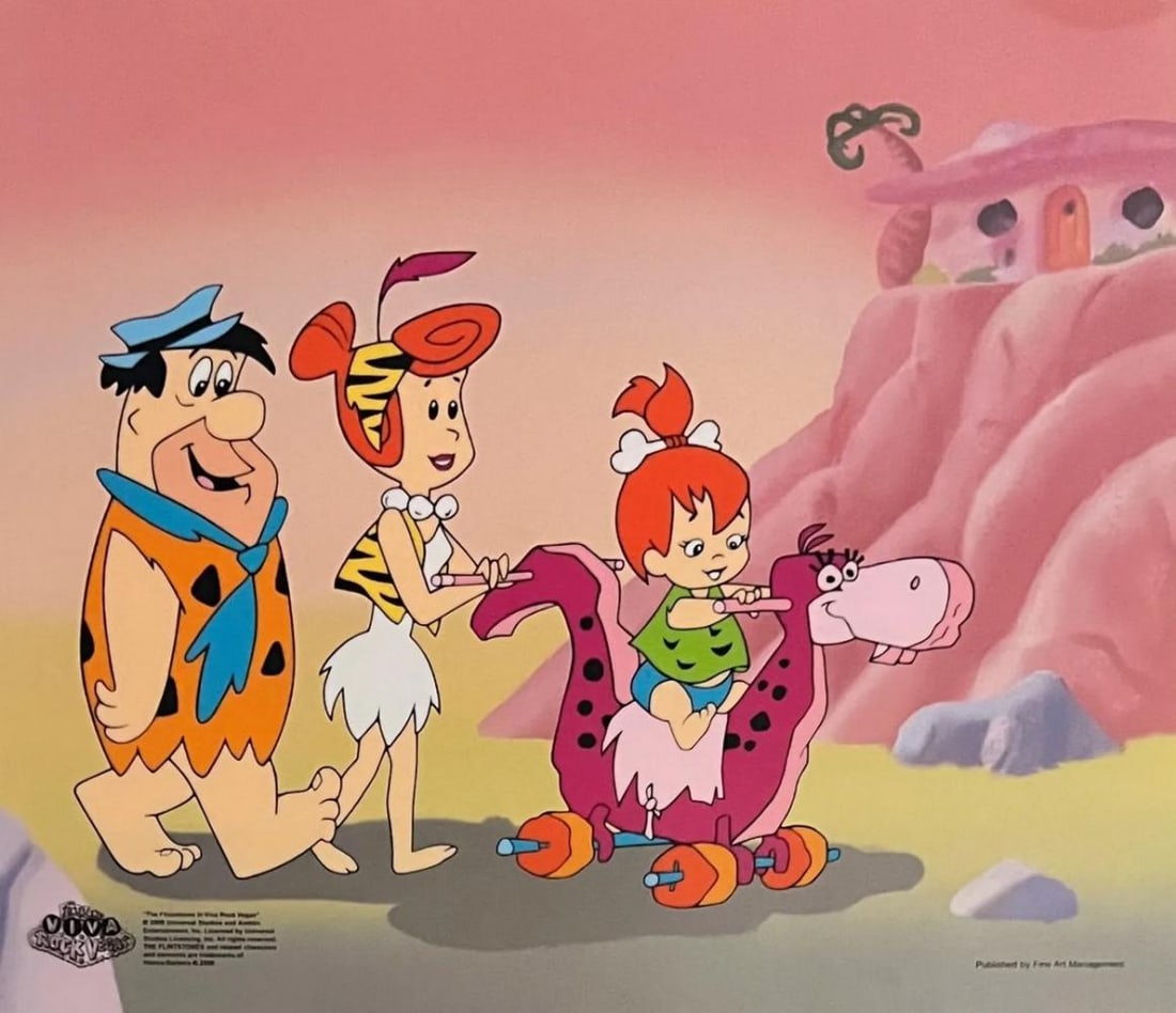 Hanna-Barbera, Flintstone's - Fred, Wilma & Pebbles , Limited Edition Animation Cel: Limited edition Sericel of The Flintstones titled "Strolling Pebbles". This fantastic animation features Fred, Wilma and Pebbles as they appeared in the animated cartoon feature "Viva Rock Vegas". Thi