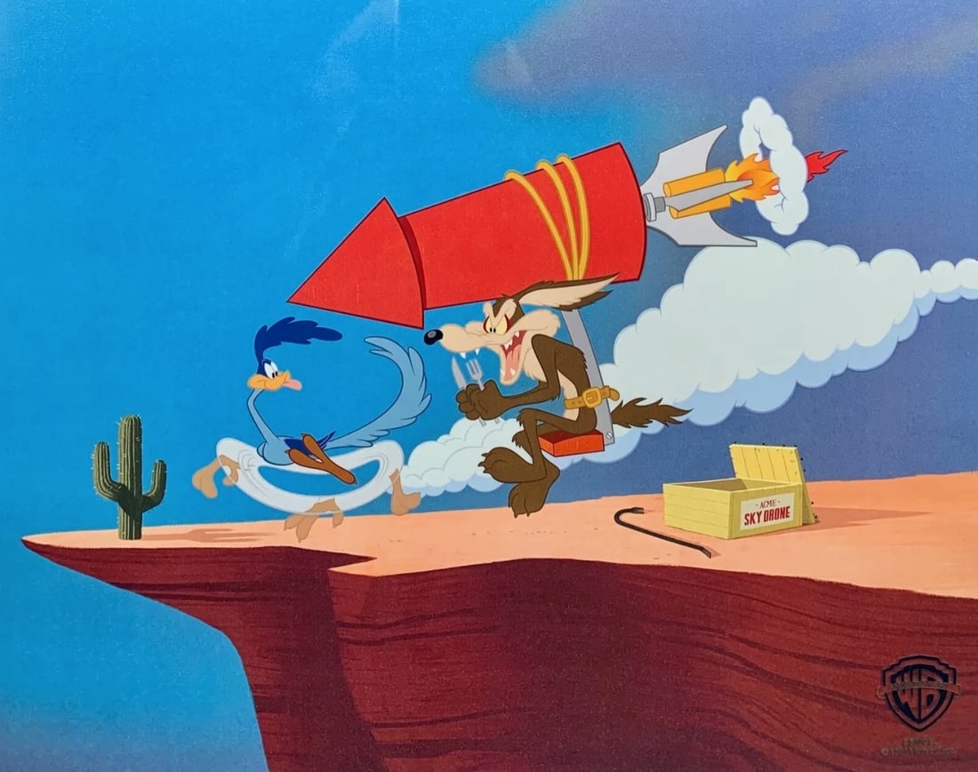 Warner Bros, 'Wile Coyote Roadrunner', Limited Edition Animation Cel: Limited edition sericel of Wile Coyote and Roadrunner titled "Acme Sky Drone". This Cel measures 11" x 14", comes unframed, in excellent condition. This cel bears an authentication stamp from Warner B