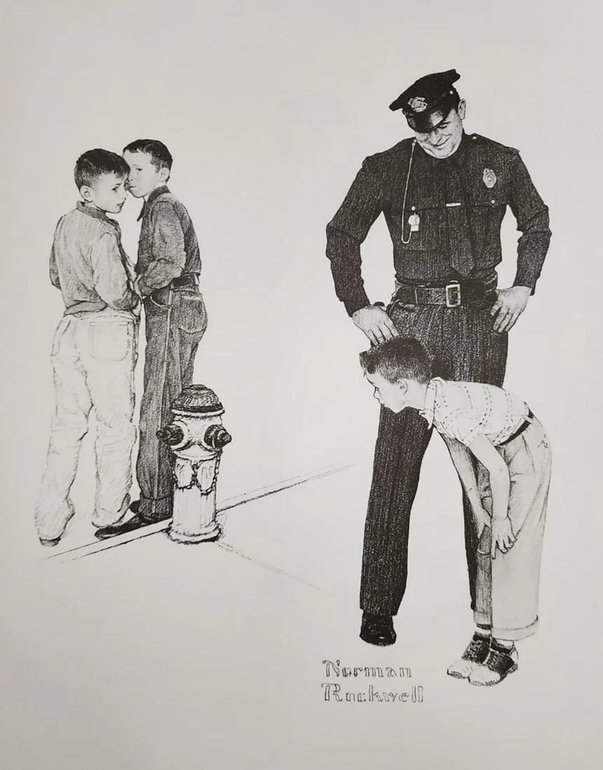 Norman Rockwell, Kind Police Officer - 1960: Norman Rockwell "Kind police officer" from the "American Family Life" portfolio, Sketch Drawing 1950s for Massachusetts Mutual Company Media: offset lithograph on heavy cardstock paper Licensed print,