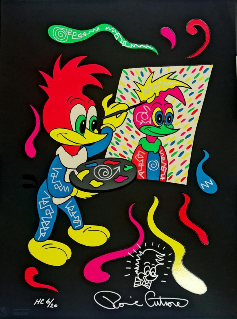 Ronnie Cutrone, 'Putting Your Face On (Embellished) - Woody Wood Pecker', Signed Limited Edition: Artist: Ronnie Cutrone Title: Putting Your Face On (Embellished) Medium: Serigraph Year: 1989 Size: 40" x 30" Edition: Out of 20 Hand-Signed & Numbered Condition: Excellent is included