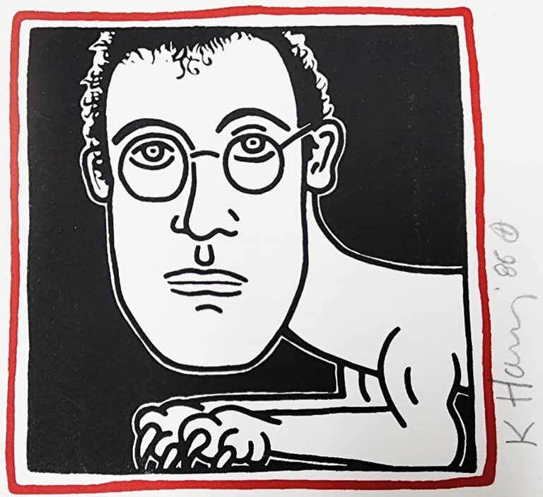 Keith Haring, "Self-Portrait" (Invitation To Palladium Haring Dinner Party) 1985: Keith Haring "SELF-PORTRAIT" (Invitation to Palladium Dinner), 1985 SIGNED and Dated in pencil (right margin) Edition size unknown Published by Tony Shafrazi and Leo Castelli Color screenprint, full m