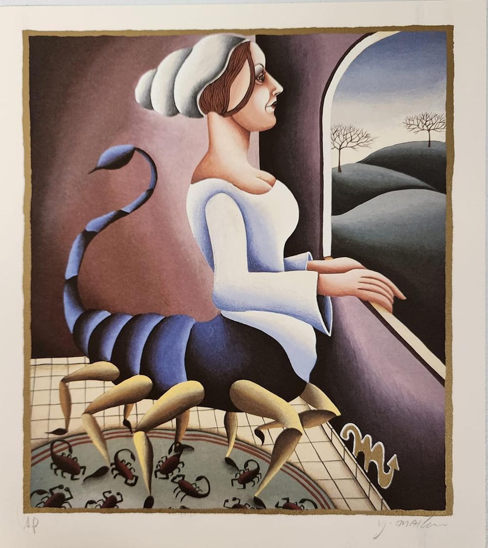 Yuval Mahler 'Scorpio' From The Zodiac Suite, Signed Limited Edition Lithograph: YUVAL MAHLER b. 1951 (Israeli) Title: The Zodiac ? Scorpio Technique: Original Hand Signed and Numbered Lithograph in colours on vellum paper Paper Size: 35 x 31 cm / 13.8 x 12.2 in Image size: 31 x 2