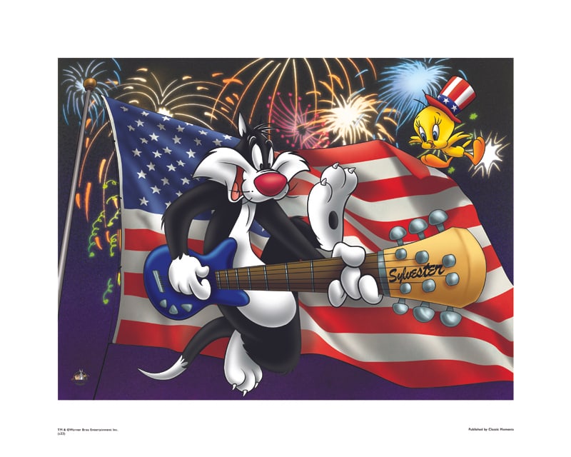 Warner Bros, Looney Tunes, Tweety Bird & Sylvester The Cat, "Patriotic Rocking Out": Title: Patriotic Rocking Out Subject: Looney Tunes Publisher: Classic Moments Type: Animation Giclee Paper: MT600 Year Produced: Circa 2000-2010 Size: 16" x 20" Condition: Excellent Licensed by Warner