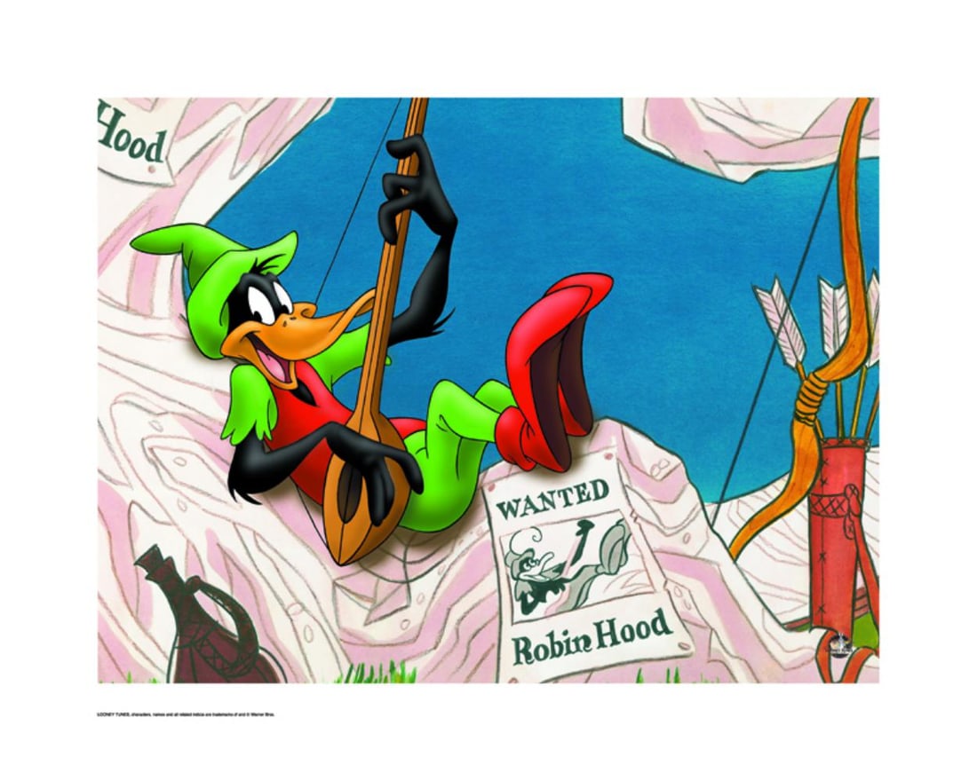 Warner Bros, Looney Tunes, Daffy Duck, "Robinhood": Title: Daffy Duck, As Robinhood Subject: Looney Tunes Publisher: Classic Moments Type: Animation Giclee Paper: MT600 Year Produced: Circa 2000-2010 Size: 16" x 20" Condition: Excellent Licensed by War