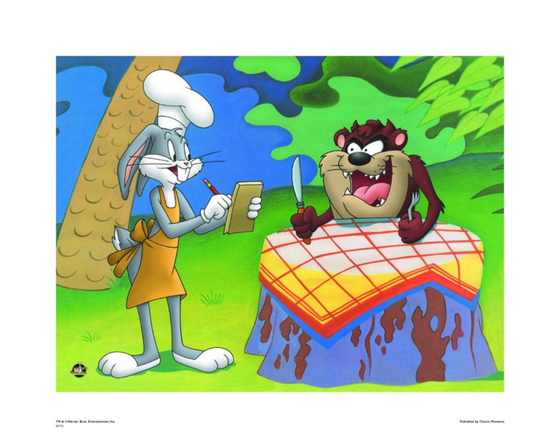 Warner Bros, Looney Tunes, Bugs Bunny & Taz, "Supper Time": Title: Supper time Subject: Looney Tunes Publisher: Classic Moments Type: Animation Giclee Paper: MT600 Year Produced: Circa 2000-2010 Size: 16" x 20" Condition: Excellent Licensed by Warner Bros. Cer