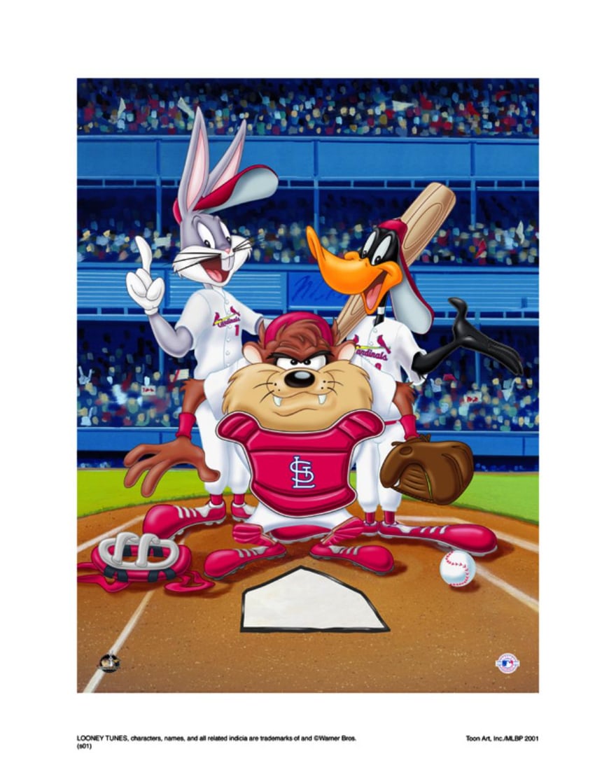 Warner Bros, Looney Tunes, Bugs, Daffy & Taz, "At The Plate, St. Louis Cardinals": Title: At The Plate, St. Louis Cardinals Subject: Looney Tune's Squad Publisher: Classic Moments Type: Animation Giclee Paper: MT600 Year Produced: Circa 2000-2010 Size: 16" x 20" Condition: Excellent