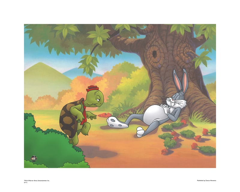 Warner Bros, Looney Tunes, Bugs Bunny & Cecil Turtle, "Snooze You Lose" Tortoise & The Hare: Title: Snooze You Lose Subject: Looney Tunes Publisher: Classic Moments Type: Animation Giclee Paper: MT600 Year Produced: Circa 2000-2010 Size: 16" x 20" Condition: Excellent Licensed by Warner Bros.