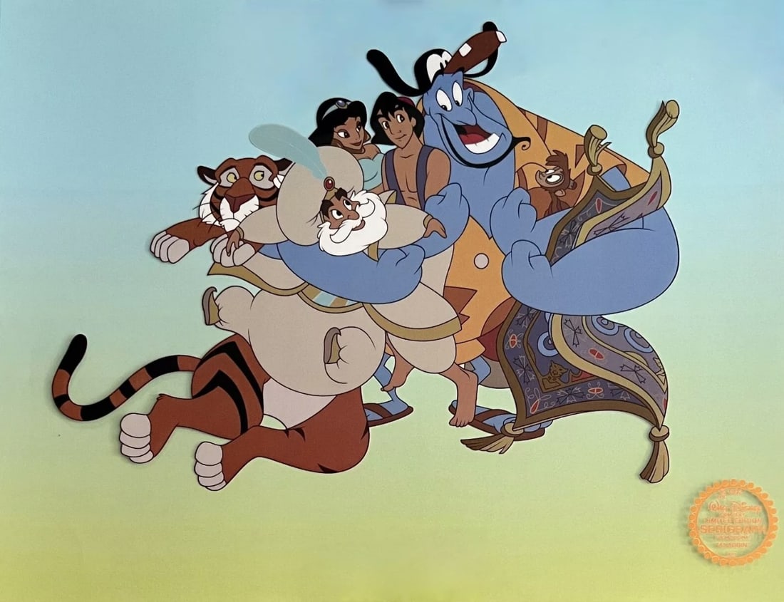 Disney, 'Aladdin, Jasmine, Genie & Abu', Limited Edition Animation Cel: Limited edition serigraph cel of Aladdin. Characters pictured include Aladdin, Jasmine, The Sultan, Genie, Abu, Magic Carpet, and Rajah. From 1992 Walt Disney Studios - Aladdin. Disney’s own artists