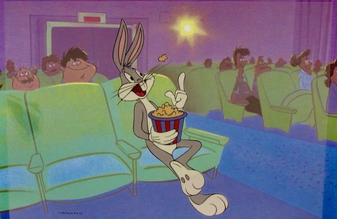 Warner Bros, 'Looney Tunes - Bugs Bunny at The Movies', Limited Edition Animation Cel: Limited edition Sericel of Warner Bros Looney Tunes BUGS BUNNY. This fantastic animation features Bugs eating popcorn at a movie theatre. This Cel measures 8" x 11", comes unframed, in excellent condi