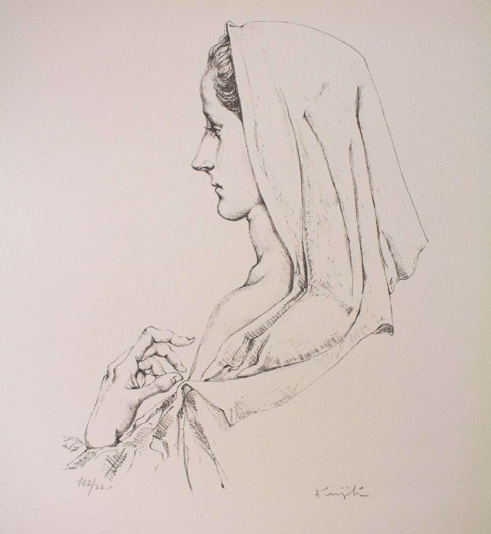 Leonard Tsuguharu Foujita 'Profil de madone ' lithograph. signed in pencil, 1957: Artist: Leonard Tsuguharu Foujita Title: 'Profil de madone' Year: 1957 Medium: lithograph on paper Size: 55.5 x 38 cm. (21.85 x 14.96 in) Edition: 165/220 signed & numbered in pencil Condition: In exc