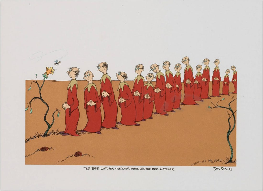 Dr. Seuss, 'The Bee Watcher' Signed And Numbered: Dr. Seuss "The Bee Watcher" Lithograph on B.F.K. Rives Paper Authorized Estate Edition Edition: 1875/2500 Image Size: 9 in X 12 in. Paper Size: 12 in X 16 in .Year of Production: 2000 Stamped Signed &