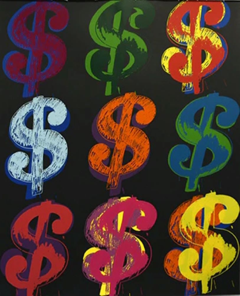 Andy Warhol, Dollar (9) FSIIA 285/286, Each Print is Unique, 1982: Andy Warhol Dollar (9) FSIIA 285/286, Each Print is Unique, 1982 Silkscreen, not signed and numbered, Paper size 40 x 32 inches (101,6 x 81,2 cm) Images size 40 x 32 inches (101,6 x 81,2 cm) Condition