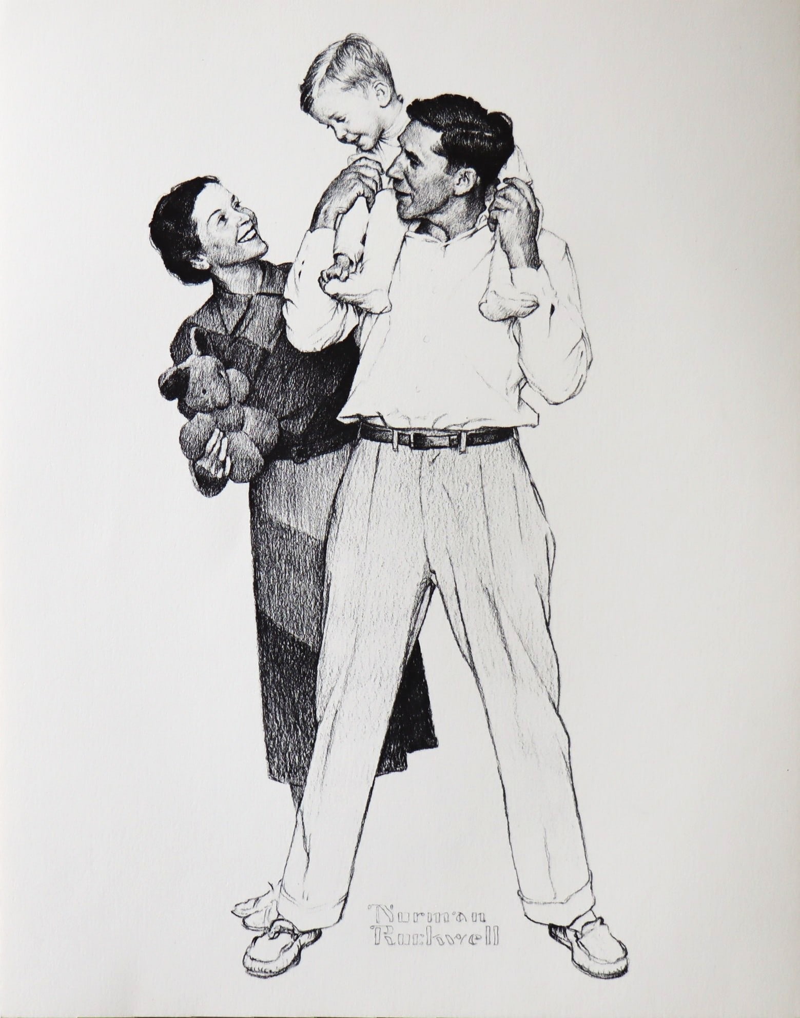 Norman Rockwell, Child on Father's Shoulder, Lithograph, 1980: Artist: Norman Rockwell Title: Portfolio: "American Family Life", based on Drawings from the 1950s for Massachusetts Mutual Company Media: offset lithograph on heavy cardstock paper Licensed print, Si