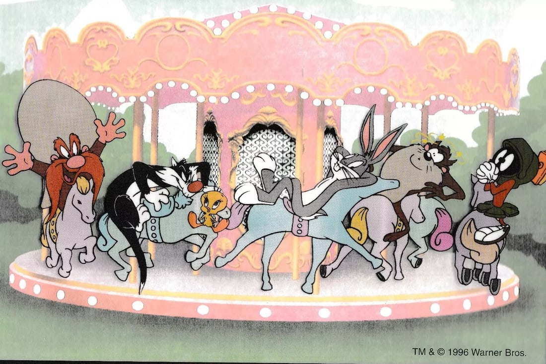 Warner Bros., Bugs Bunny, Taz & Yosemite Sam, 'Merry Go Round', Sericel, 1996: Description Warner Bros. Merry Go Round Animation Sericel With BackgroundYear- 1996 Warner Brothers Authenticity seal is stamped at the bottom corner. Sericel measures approximately 11" x 8.5", in ful