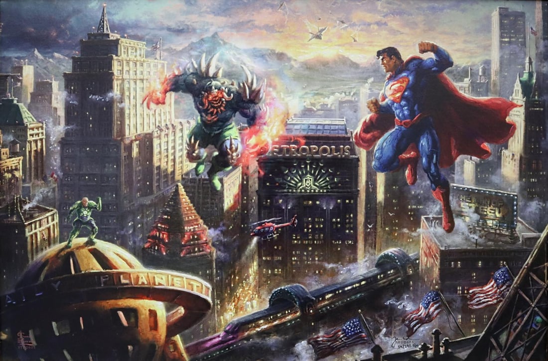 Thomas Kinkade Studios, 'Superman Original Drawings on Verso Man Of Steel', Limited Edition: Thomas Kinkade Zac & Pat Kinkade have hand-enhanced this limited edition canvas Canvas size: 18x27 inches. Framed: 27x35 inches Hand Highlighted Limited Edition on Stretched Canvas, with very rare ori