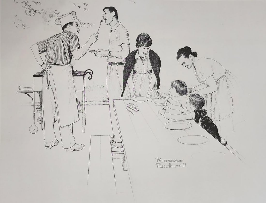 Norman Rockwell, 'Cookout', American Family Life Porfolio Lithograph, 1961: Norman Rockwell "Cookout " from the "American Family Life" portfolio, Sketch Drawing 1950s for Massachusetts Mutual Company Media: offset lithograph on heavy cardstock paper Licensed print, Signed in 