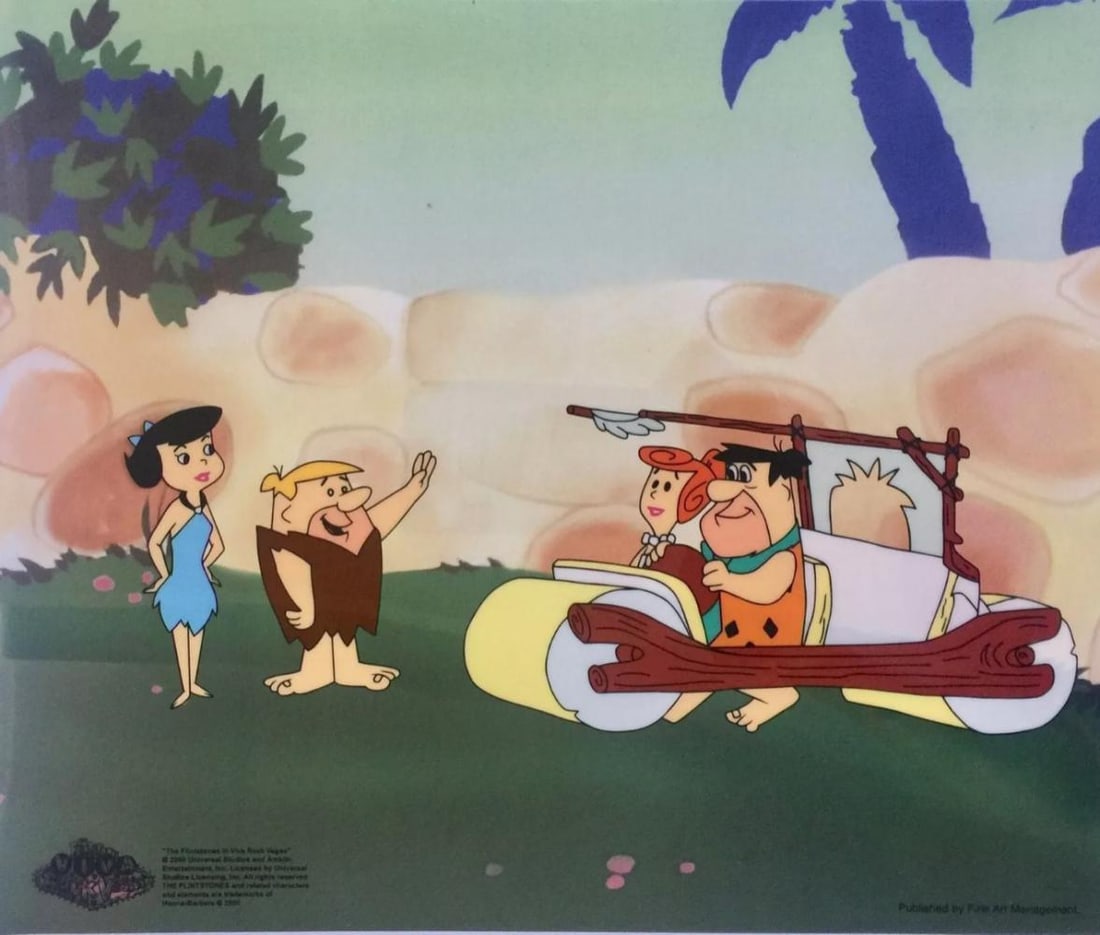 Hanna-Barbera, Flintstone's - Fred's New Car, Limited Edition Animation Cel: Limited edition Sericel of The Flintstones titled "Fred's New Car". This fantastic animation features Fred & Wilma Flintstone with Barney & Betty Rubble as they appeared in the animated cartoon featur