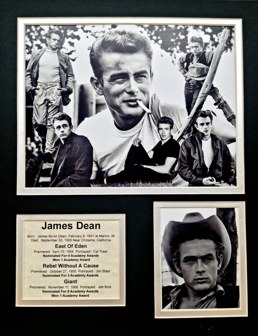 James Dean, Matted Photo Collage: Description Subject:James Dean Matted Photo Collage Type: Photo Reproduction Prints Matt Size: 14" x 11" Country of Origin: USA Condition: Excellent