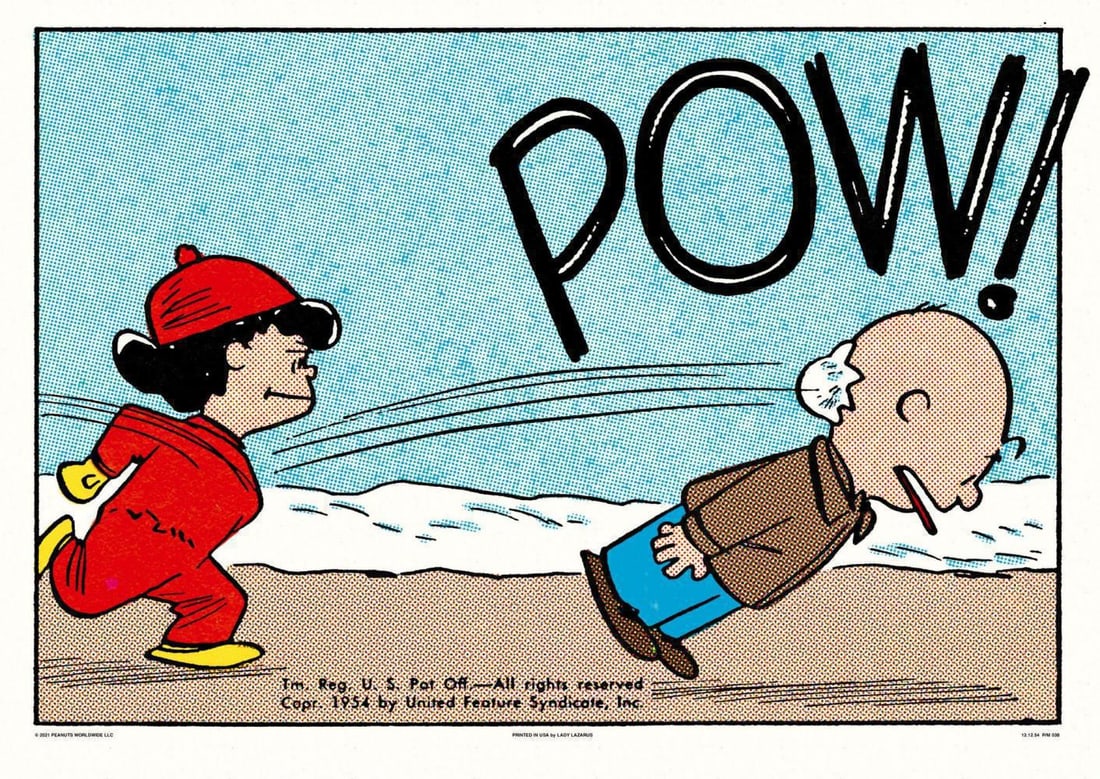 Charles Schulz "Peanuts Snowball Pow" 142/170 , Screen Print 2021: Artist: Charles Schulz Title: "Peanuts Snowball Pow" Size: 18" x 24" Technique: Silkscreen Edition: 142/170 Release Date: 2021 Published by MONDO