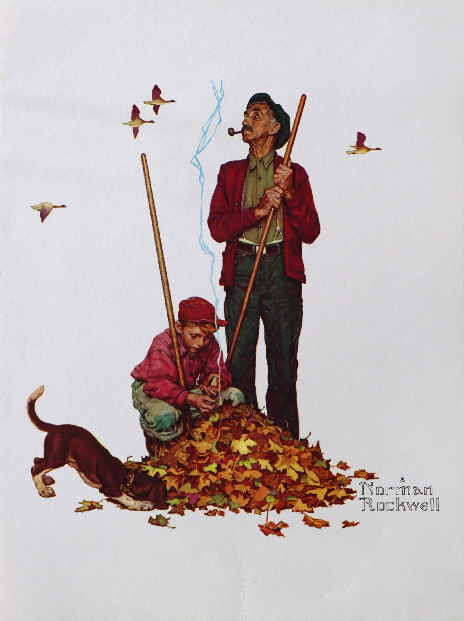 Norman Rockwell, Grandpa & Me (Raking Leaves), Lithograph C. 1970s: Artist: Norman Rockwell (American, 1894-1978) Surface: Gloss Paper Type: Lithograph Year: C.1970 Size: 16"x12" inches Origin: USA Signed: No Artist Bio: Norman Rockwell (1894?1978) was an iconic Ameri